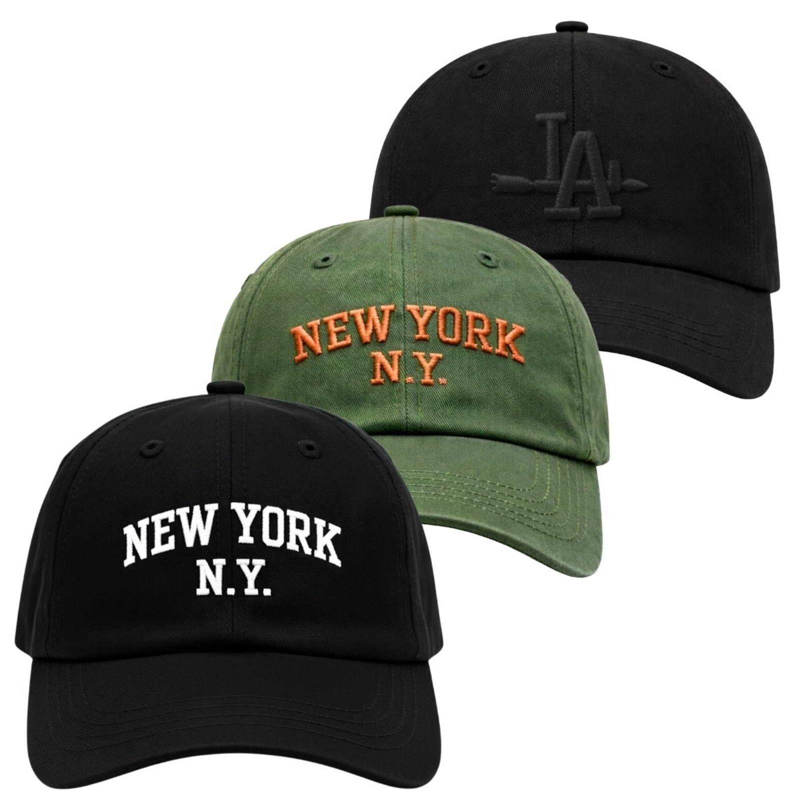 Kit 3 Bonés Bordado Aba Curva com Ajuste Relaxado Moderno NY LA Bordado