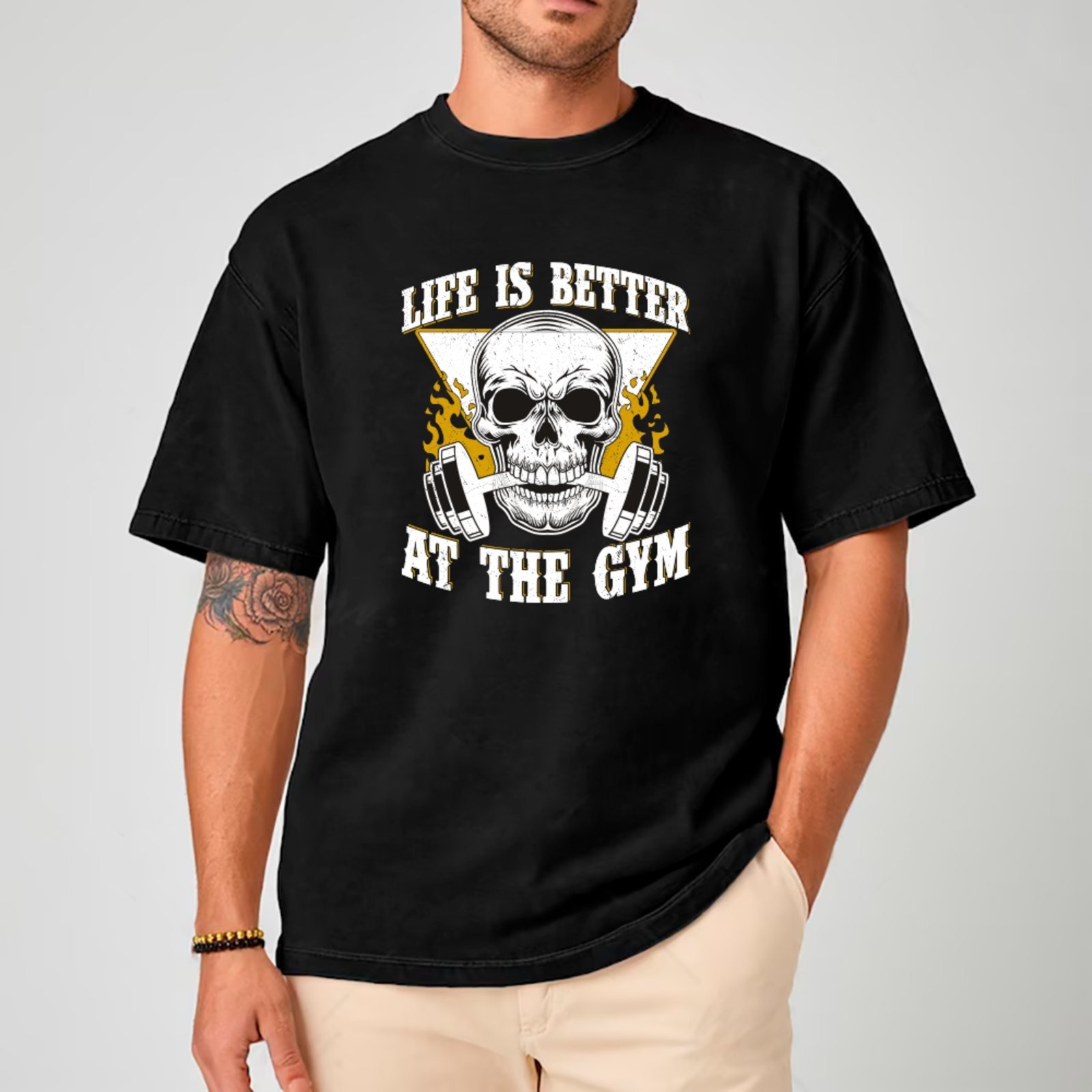 Camiseta Ousy Oversized Life Better Gym Academia Fitness Caveira Treino Unissex Preto