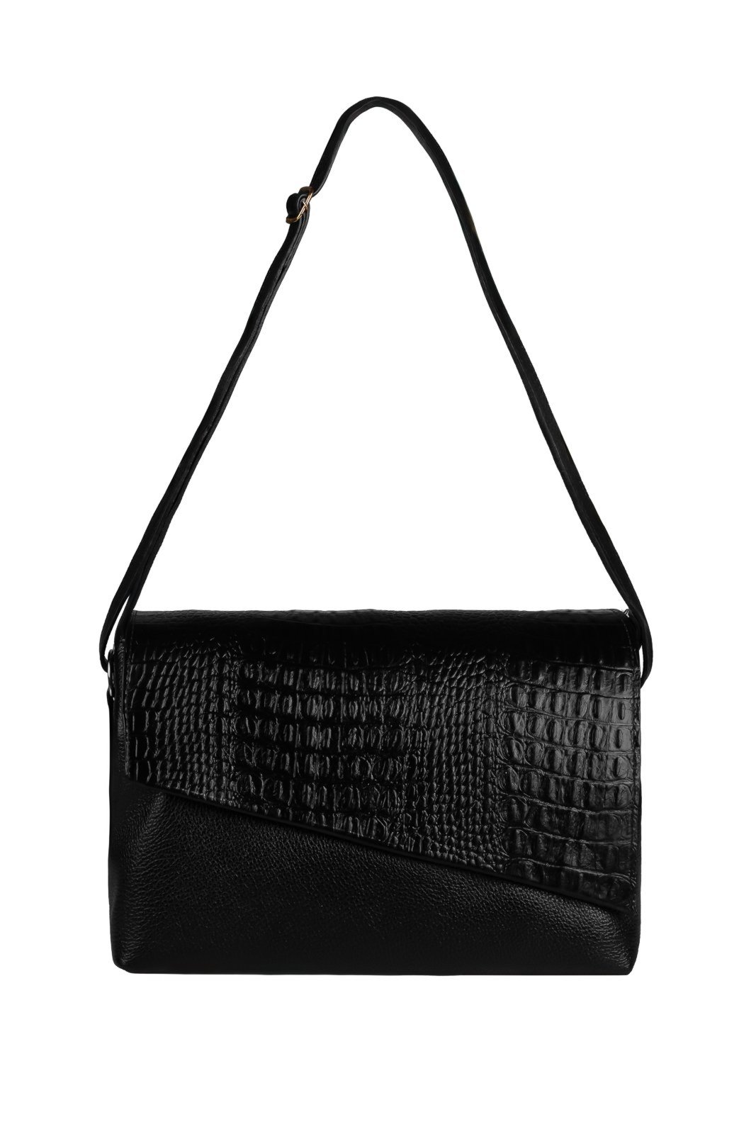 Bolsa tiracolo de couro croco com tampa Rose - Preto