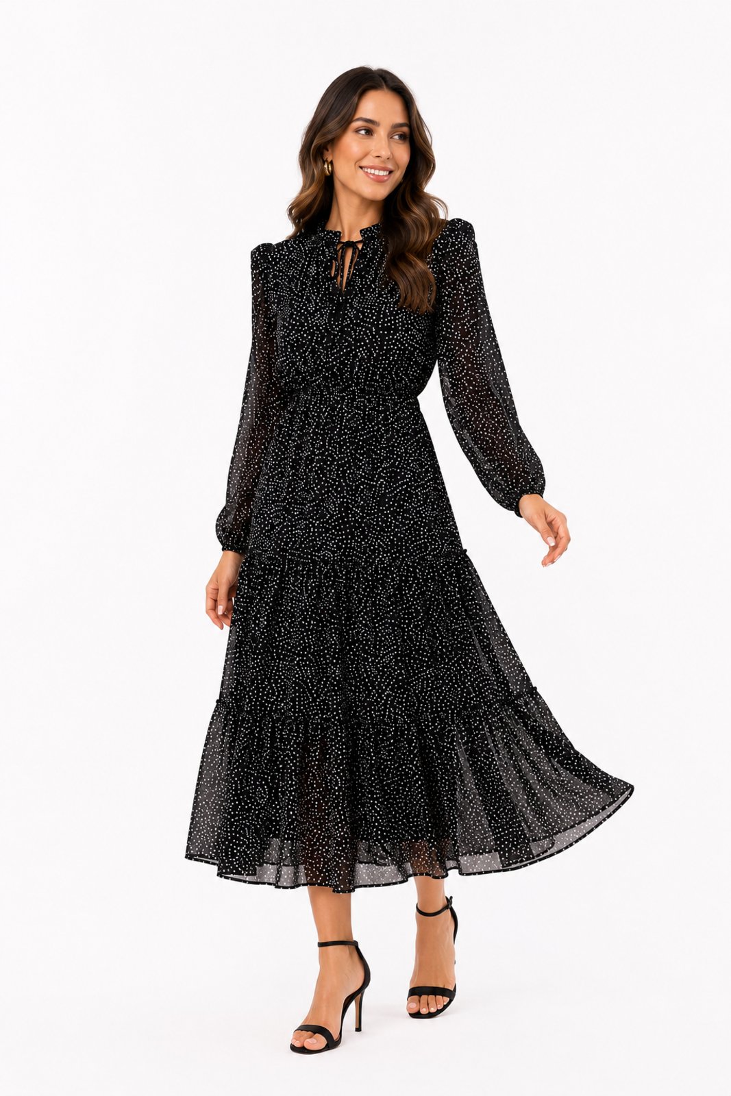 Vestido Midi D Bell Outlet Fashion Manga Longa Chiffon Preto