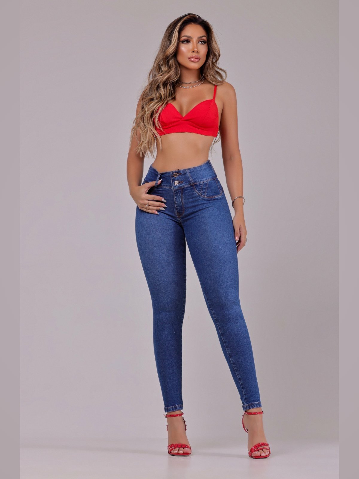 Calça Jeans Panicat Modeladora sem Costura na Lateral Azul PN011050