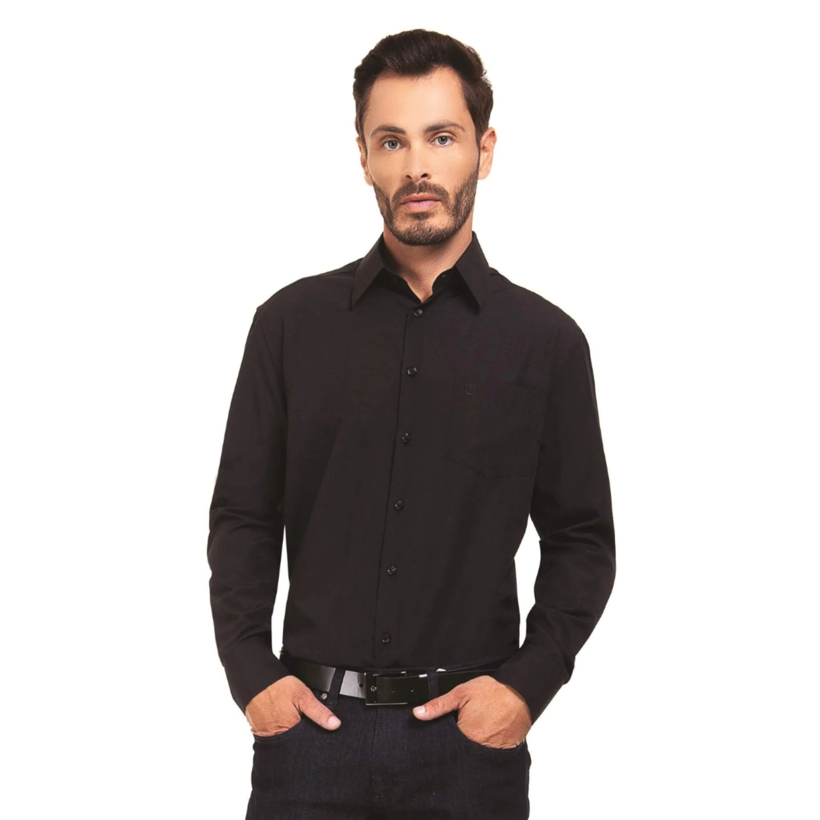 Camisa Social Masculina Clássica com Bolso Manga Longa Preta