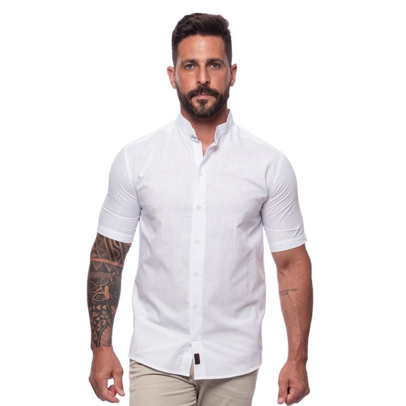 Camisa Masculina Linho Manga Curta Gola Padre Lisa Casual Azul Claro G Branco
