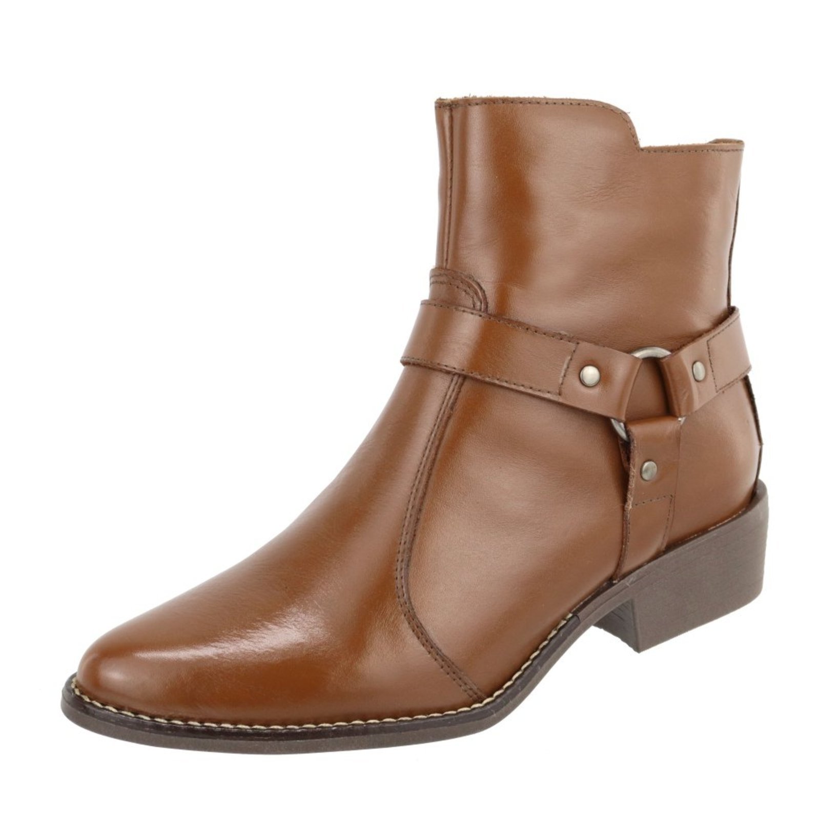 Bota em Couro Feminina Cano Baixo Bico Fino Conhaque Tellini Store