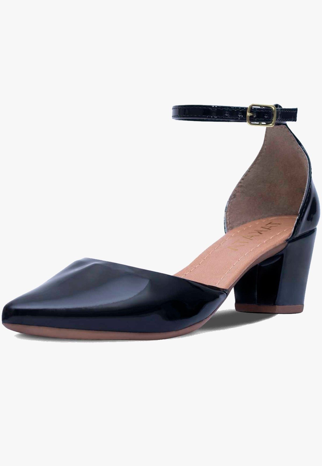 Scarpin Feminino Salto Baixo Bloco Salomé Slingback Bico Fino Preto