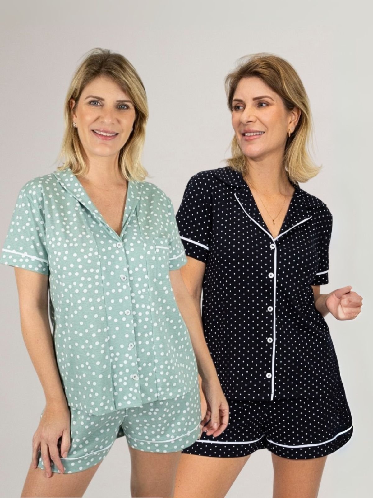 KIT Pijama Americano Curto Verde Poá + Pijama Americano Curto Preto Poá