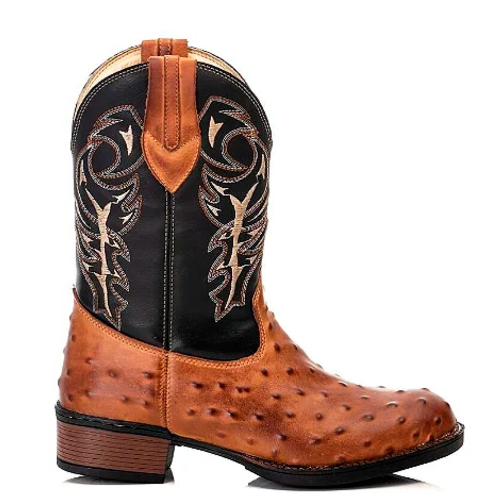 Bota Couro Texana Campero Avestruz Bordada Whisky