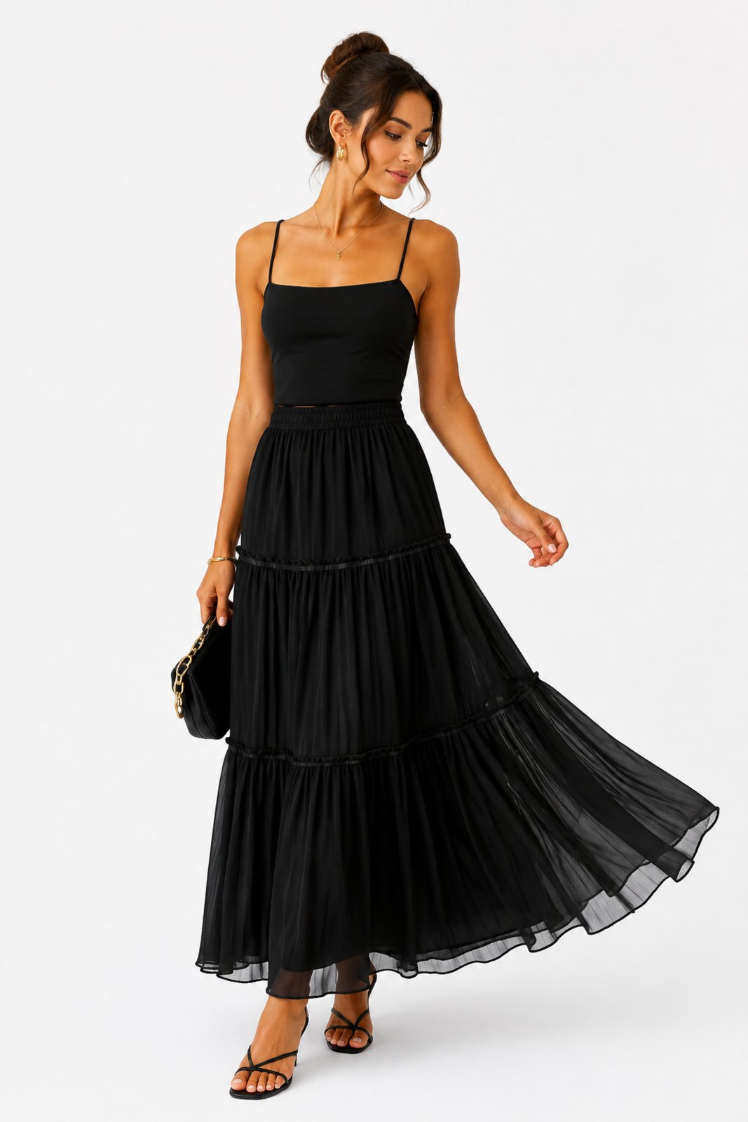 Saia Longa D Bell Outlet Fashion Plissada Chiffon Preto