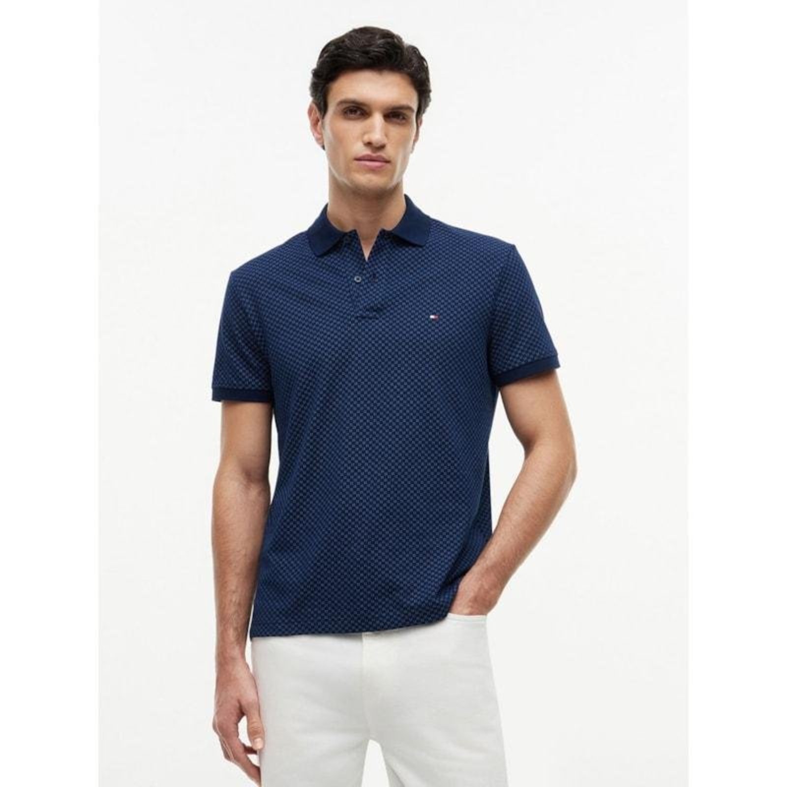 Polo Regular Estampa Geométrica Azul Marinho