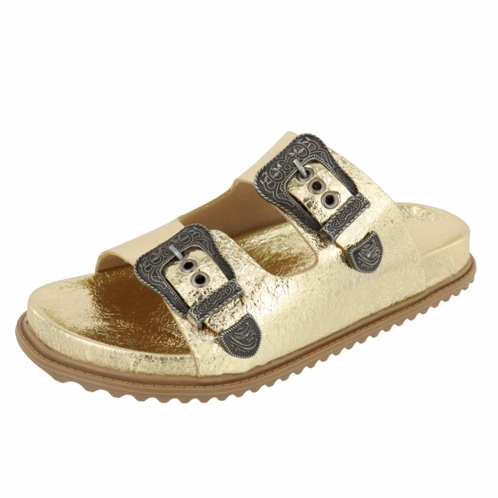 Papete Rasteira Feminina Paula B Com Fivela Estilo Retro Palmilha Confort Dourado