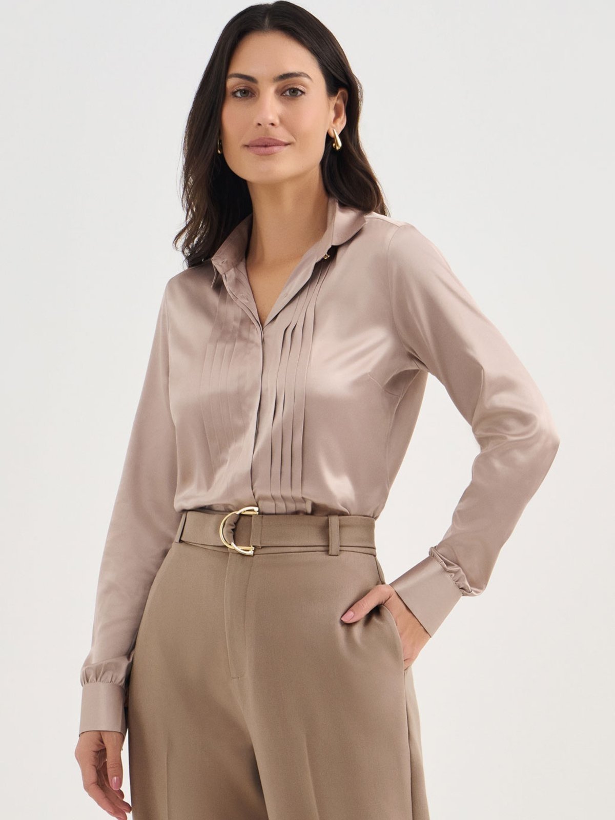 Vista 2 Camisa Manga Longa em Cetim Mocha Mousse Amélia Principessa lilás/marrom Principessa lilás/marrom