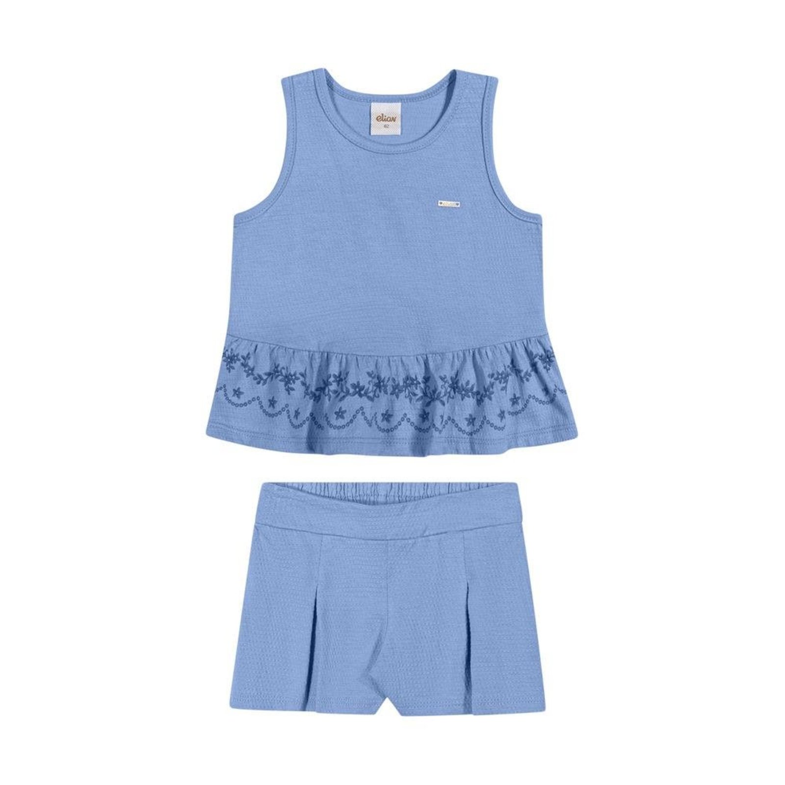 Infantil - Conjunto Feminino Regata Babado Bordado Shorts Elian Azul 1 Azul