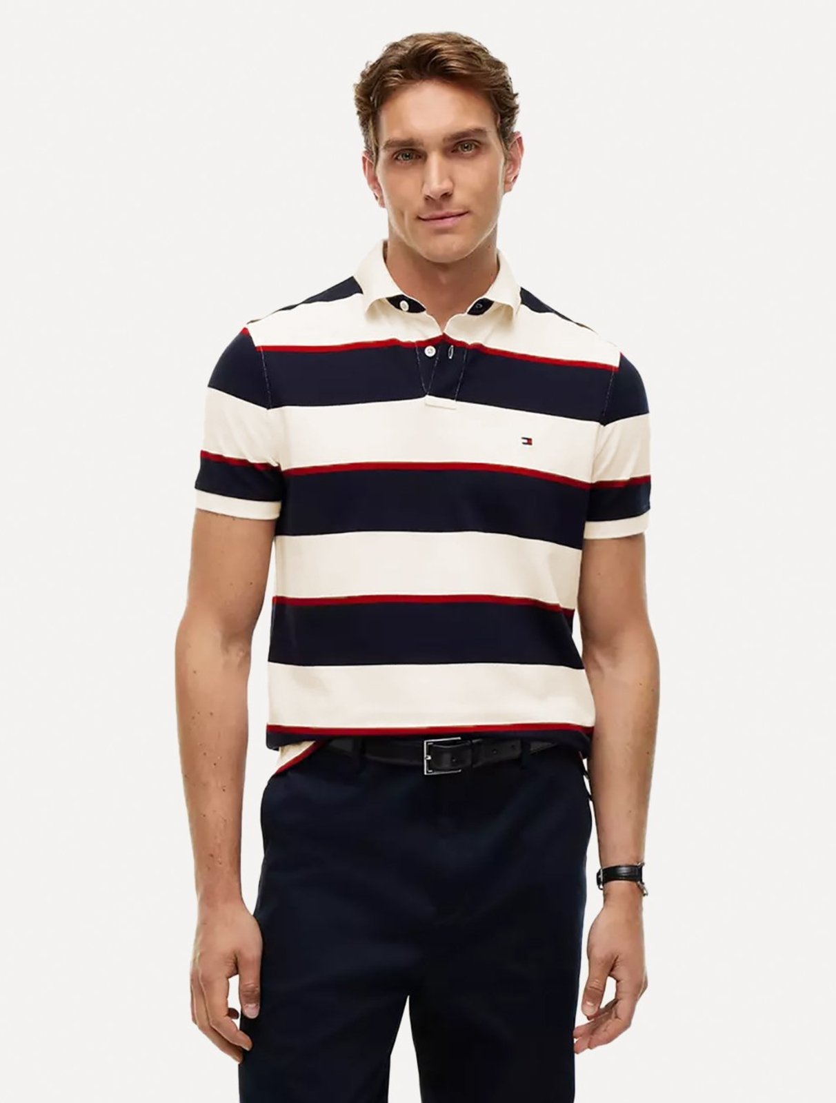 Polo Tommy Hilfiger Masculina Slim Piquet 1985 Azul Marinho Listrado Off-White
