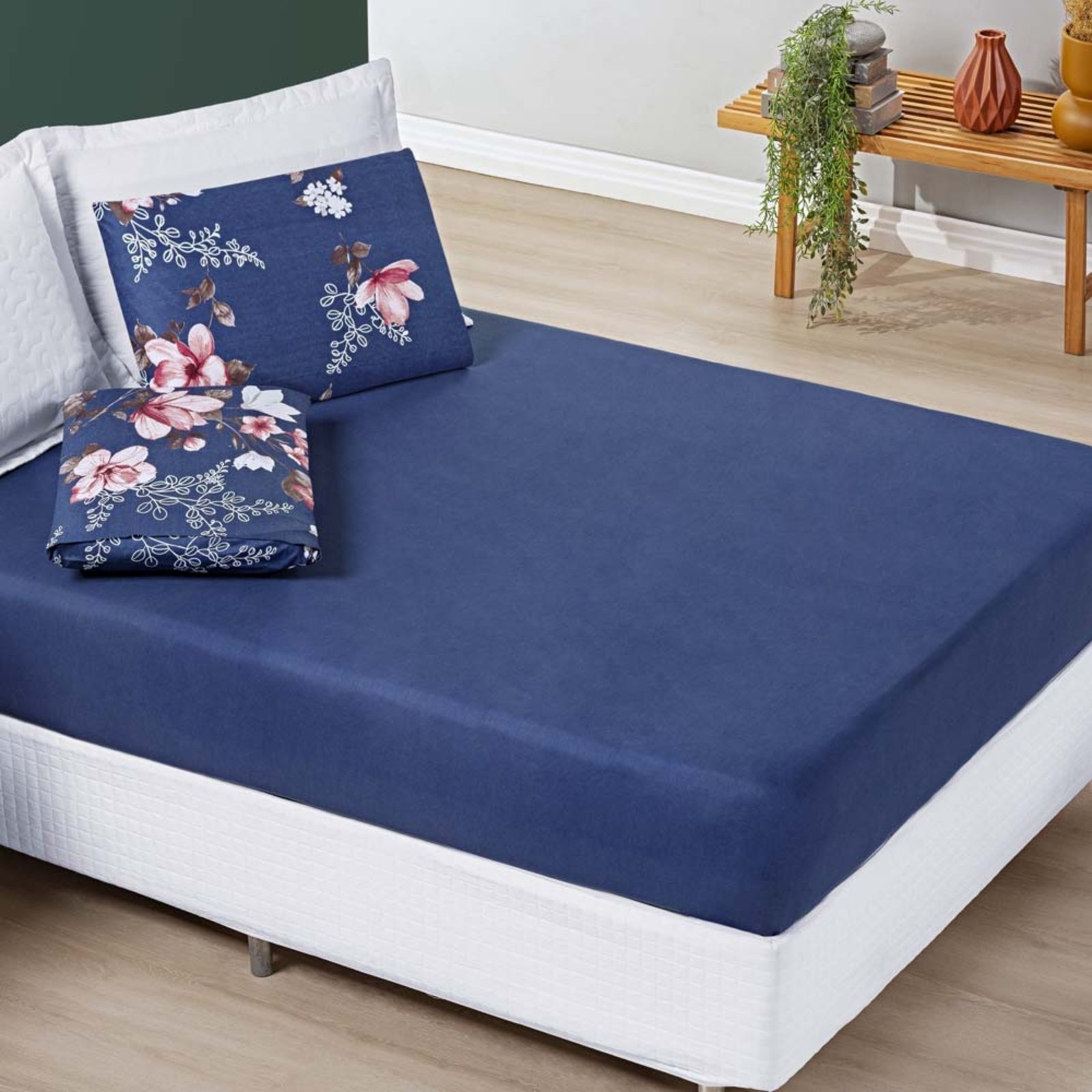 Jogo Cama Lençol Casa Scarpa Celi Solteiro Micropercal 200 Fios 2 Peças - Azul Marinho Floral