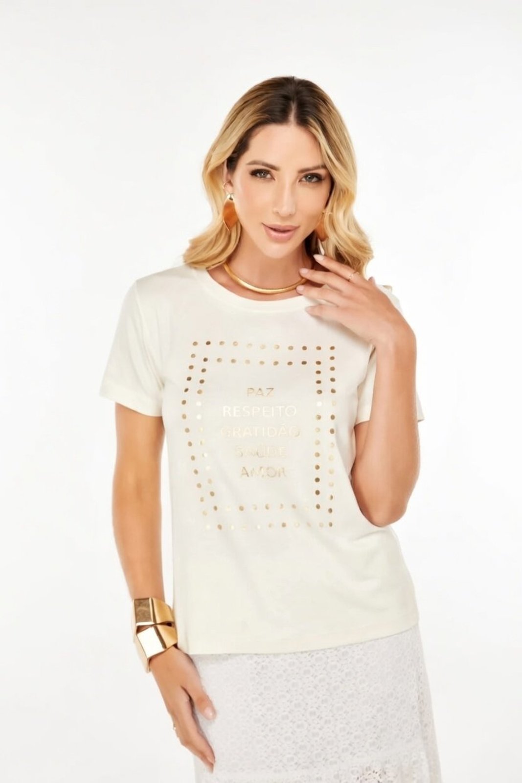 Vista 2 T-Shirt D Bell Outlet Fashion Tshirt Especial Foil - Paz Respeito Gratidão Off- White off-white white D BELL OUTLET FASHION off-white white