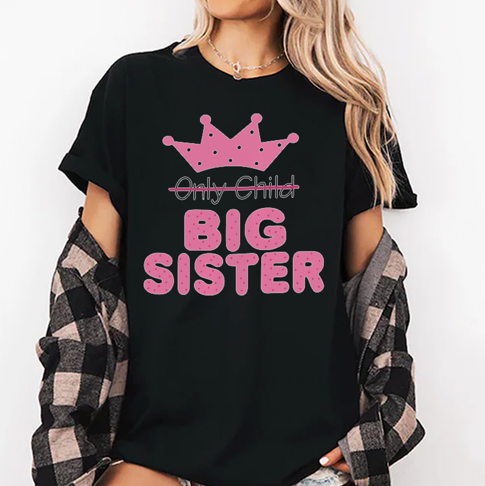 Camiseta Oversized Big Sister Estampa Família Cute Unissex Preto
