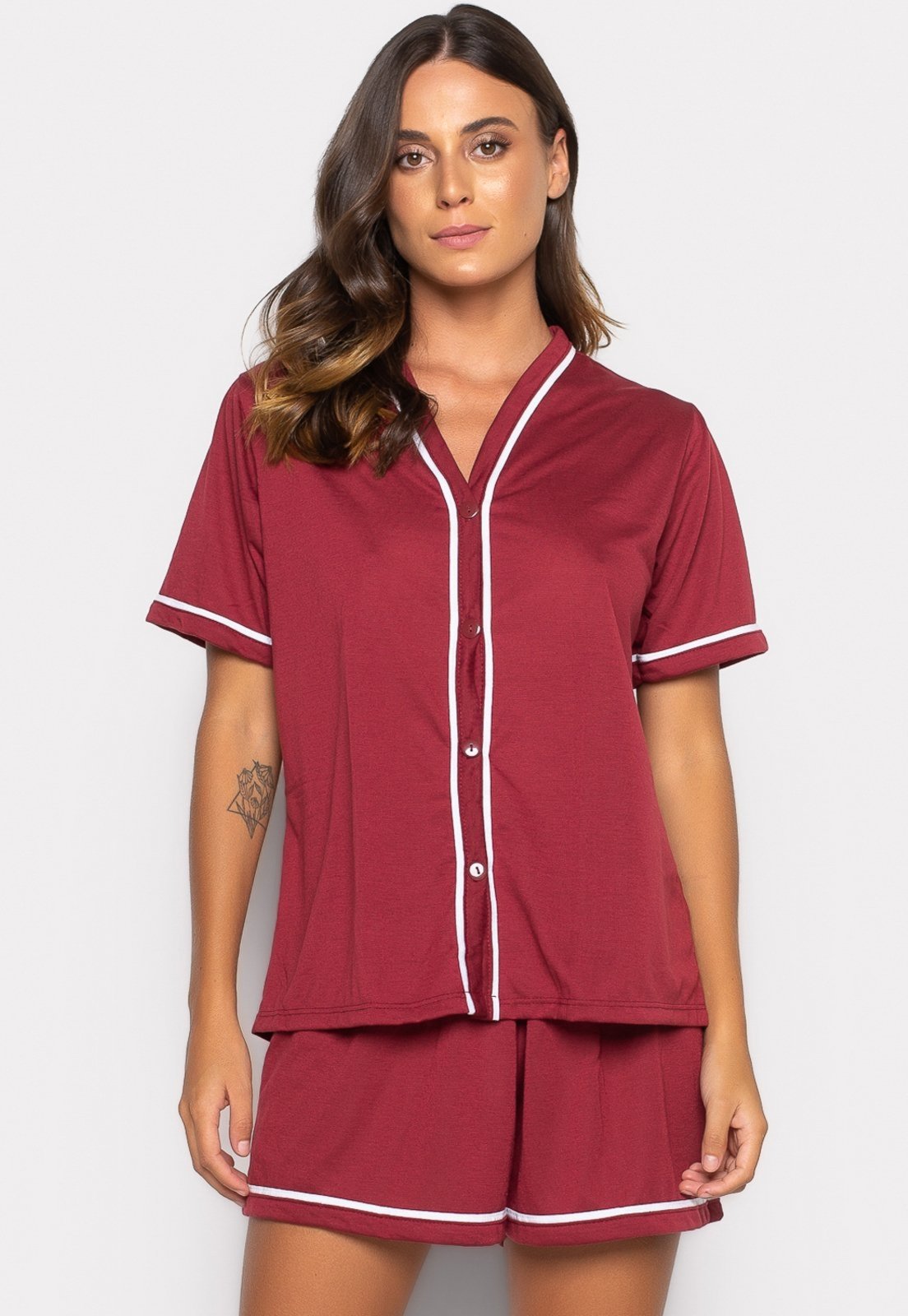 Pijama Mood Modas Curto Baby Doll Americano Blogueirinha Botão Adulto Amamentação 021 Vinho