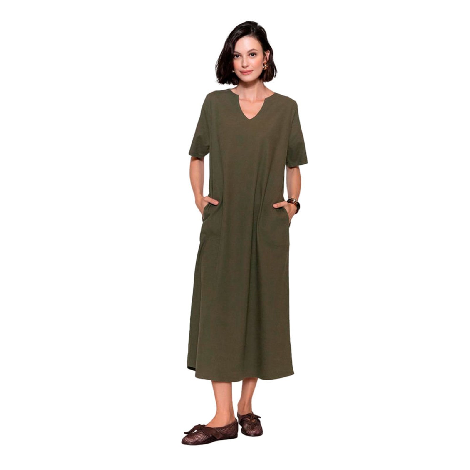 Vestido Feminino Biamar Longo Decote V Verde Escuro