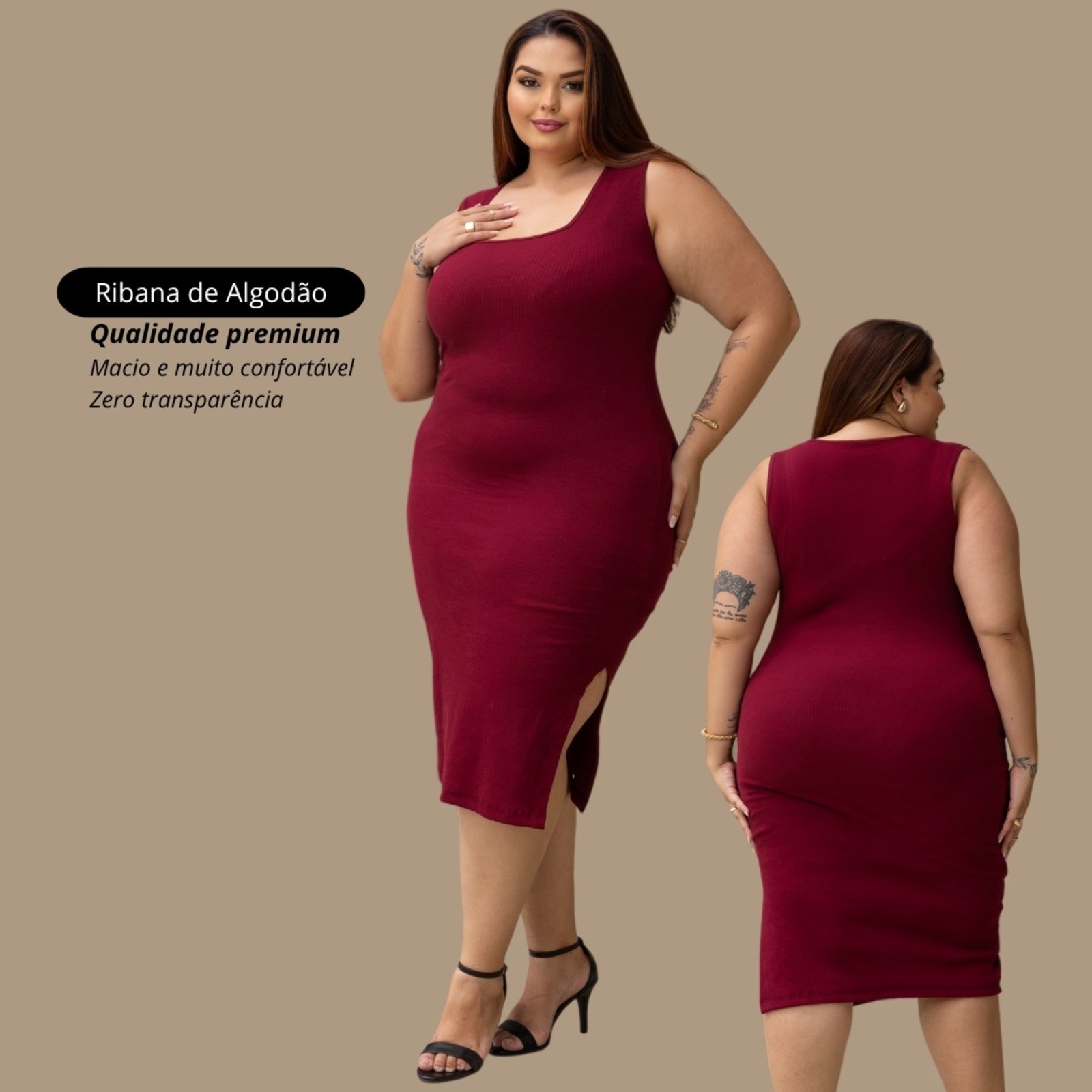 Vestido Garota Urbana Fashion Plus Size Marsala feminino Ribana canelado premium sem manga