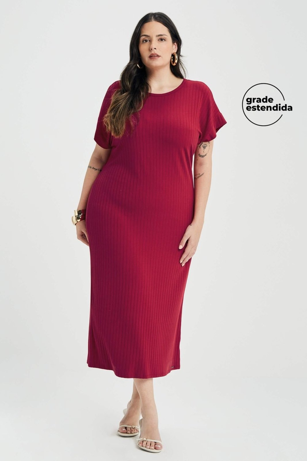 Vestido Midi Feminino Canelado Marialícia Vermelho