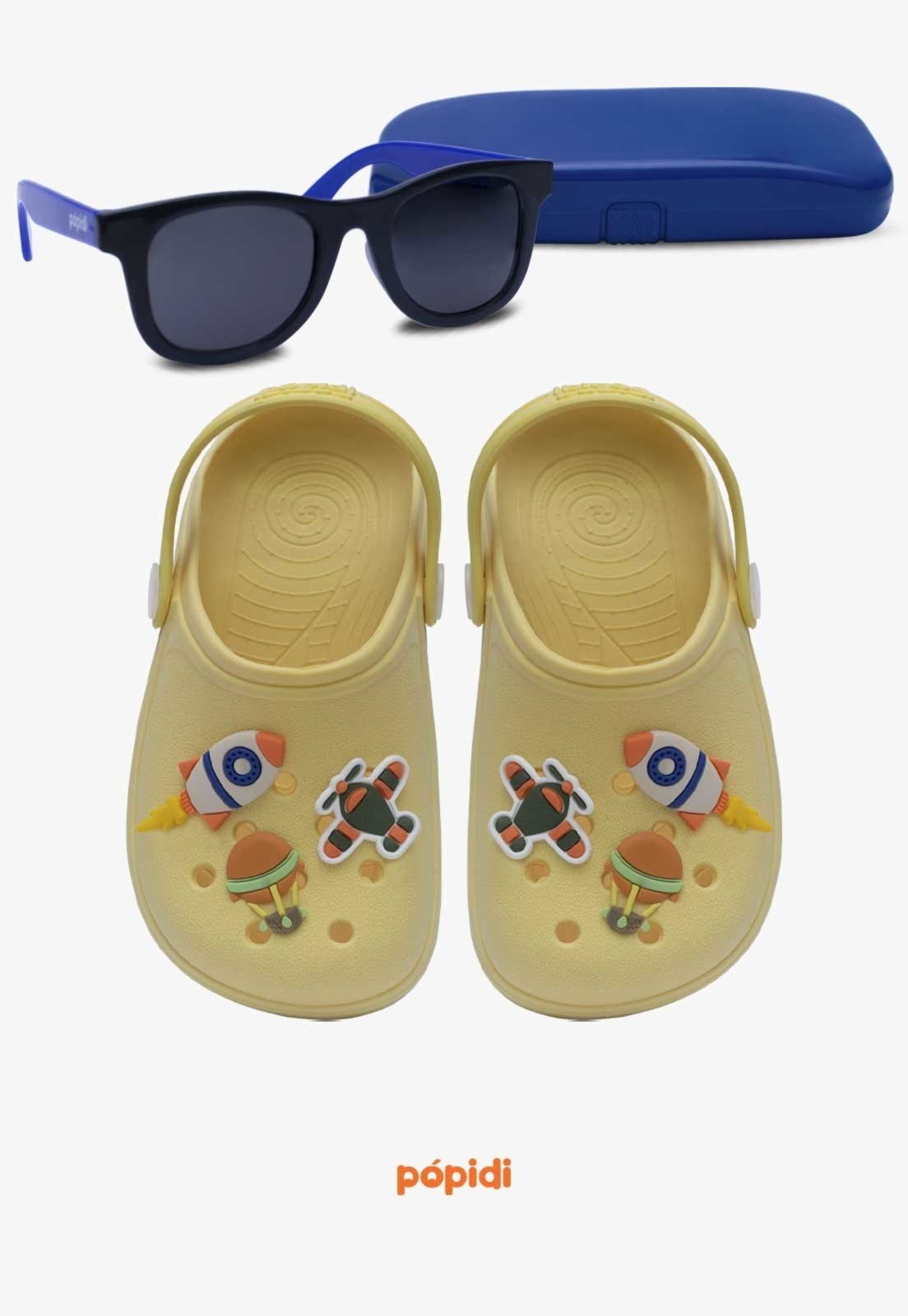 Infantil – Kit Babuche Aereo Amarelo com Óculos de Sol Azul Com Capinha