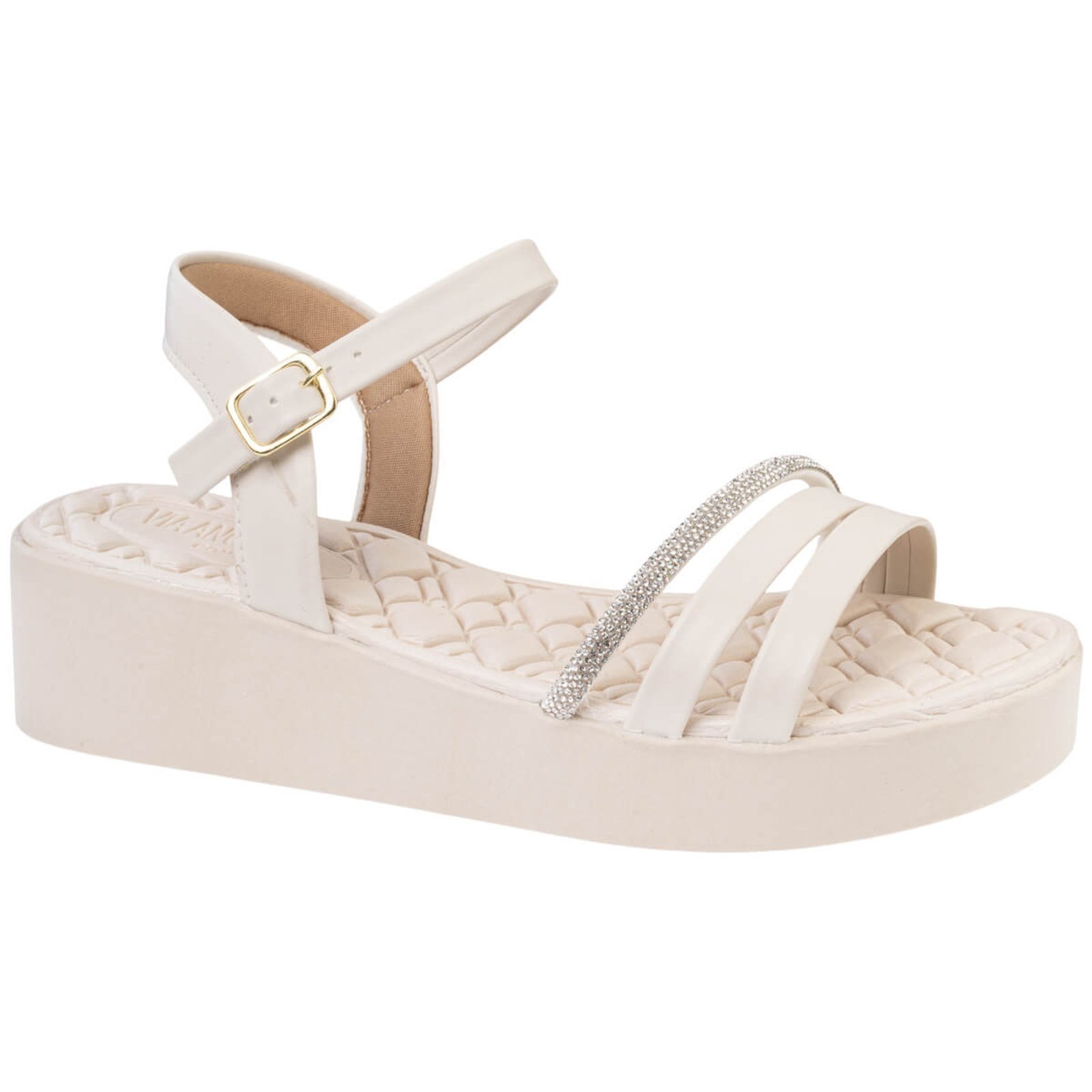 Sandalia Feminina Anabela Ortopédica Anatômica Strass Confortavel Via Angel 8501 Off White