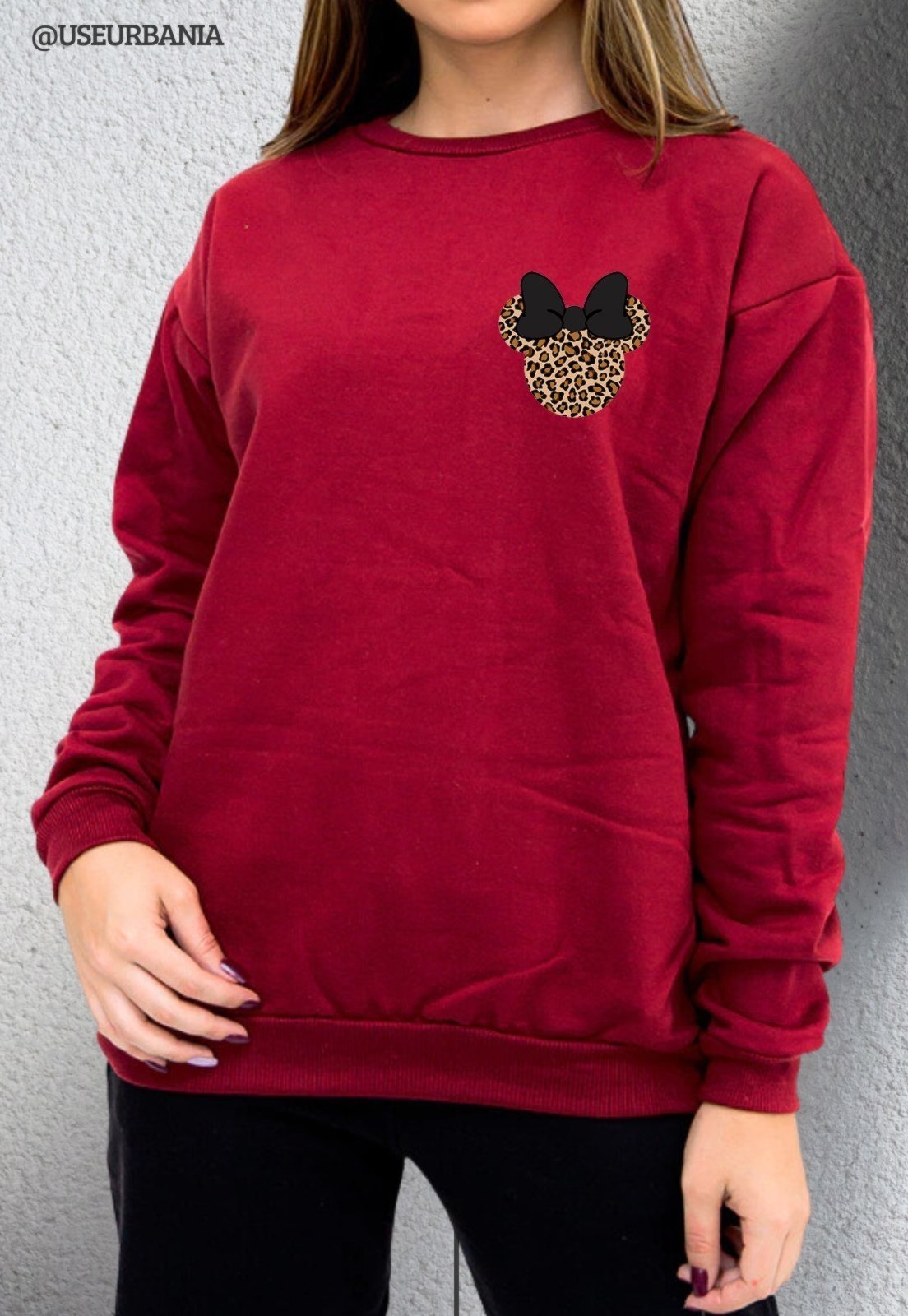 Blusa de Frio Moletom mooboo Flanelado Liso Gola Redonda Moleton urbania Clássico Gola Careca Casaco Blusão Premium Vermelho Escuro Vinho Bordo Marsala estampa Onça laço minie