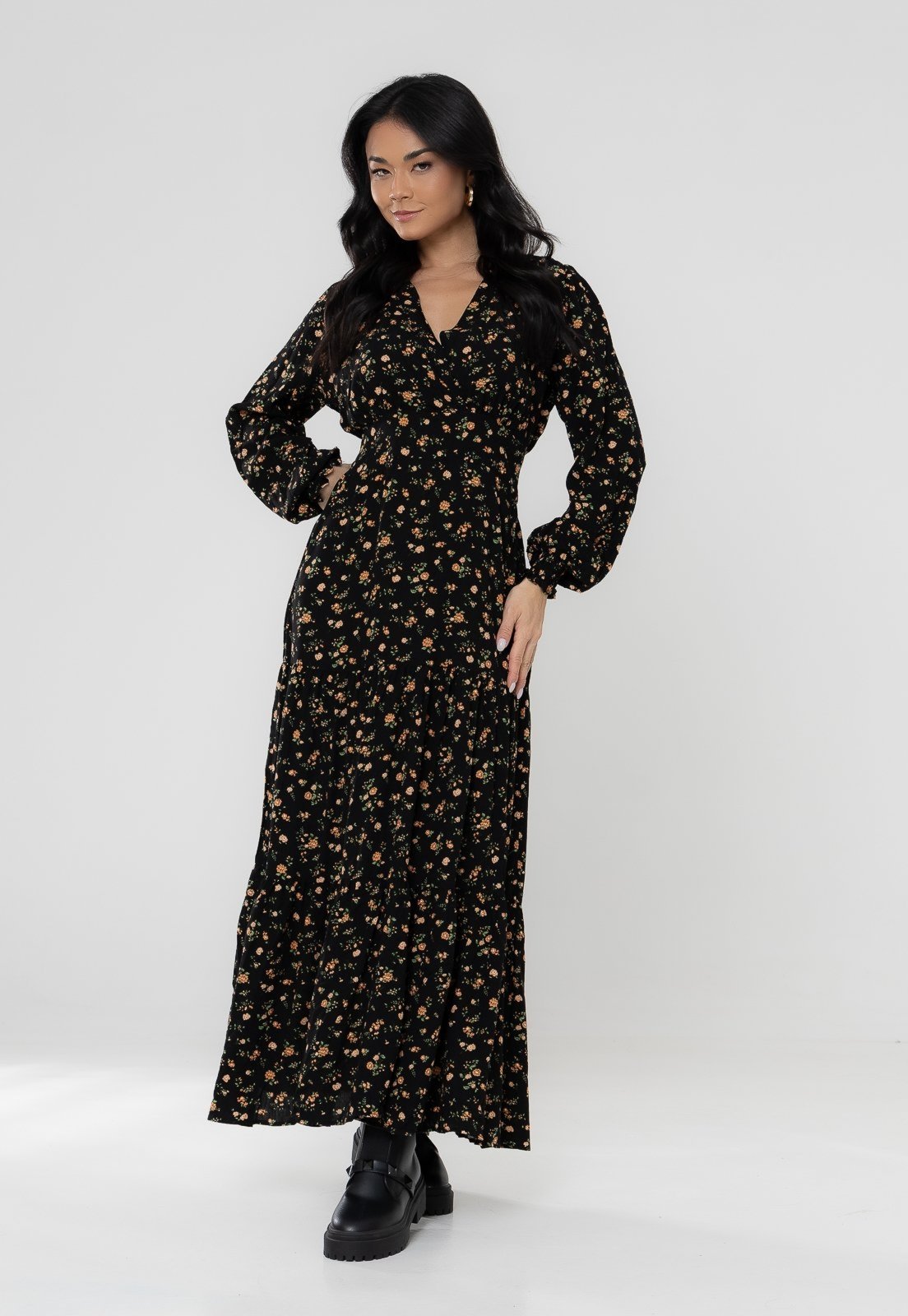 Vestido Aura Longo Dalila Florzinha Preto