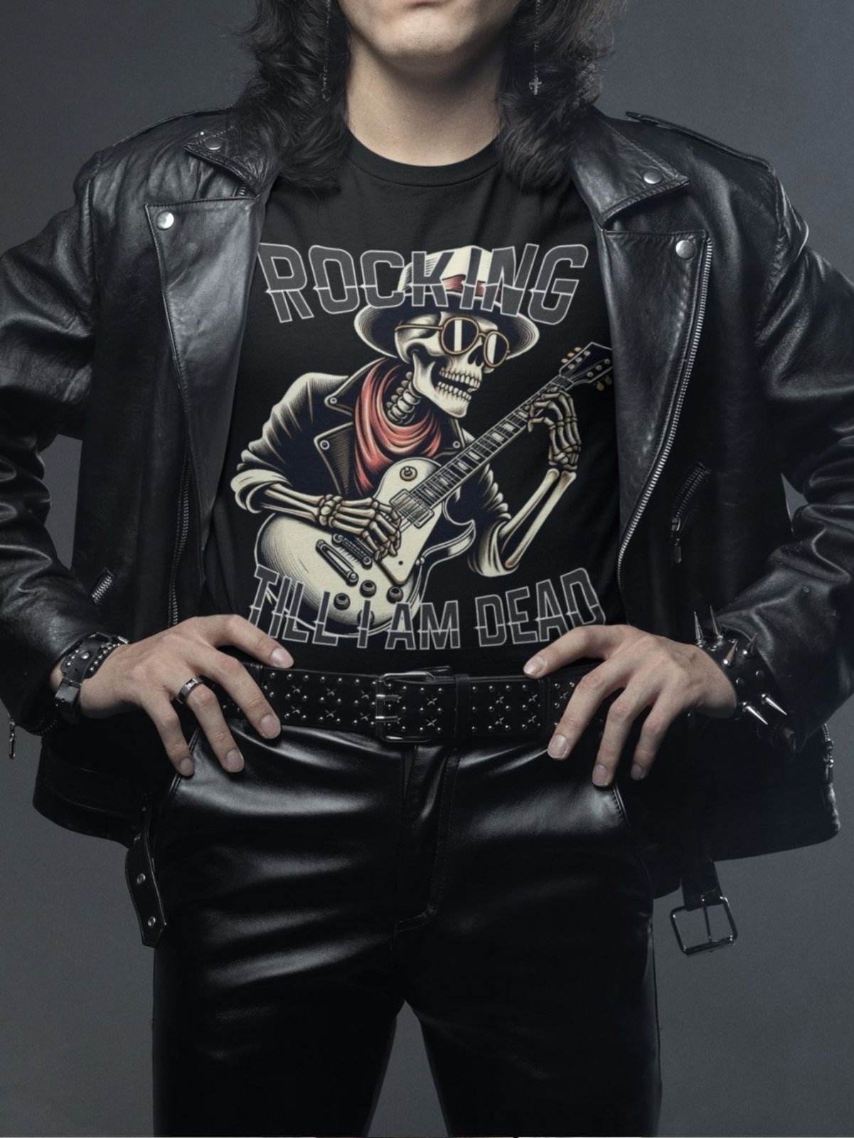 Camiseta Masculina GuGi Camisa De Rock Esqueleto Caveira Com Guitarra Preto