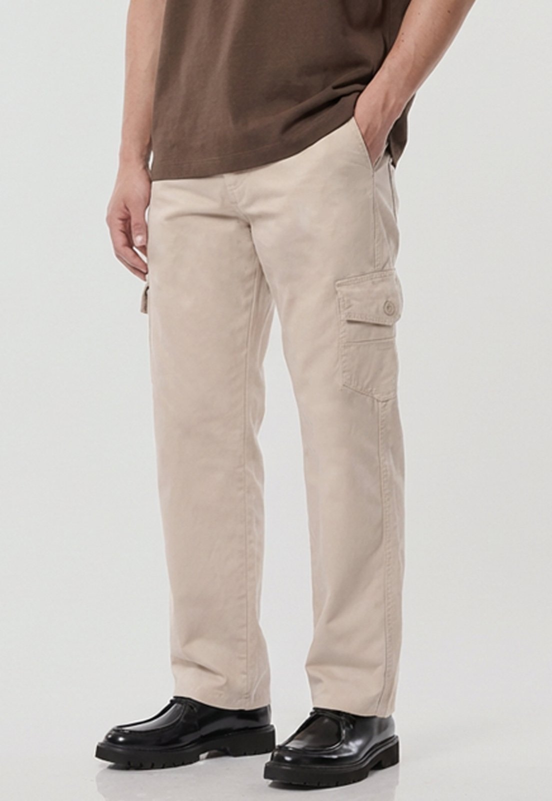 Calça Cargo Masculina Sarja 100% Algodão 6 Bolsos Casual Bege