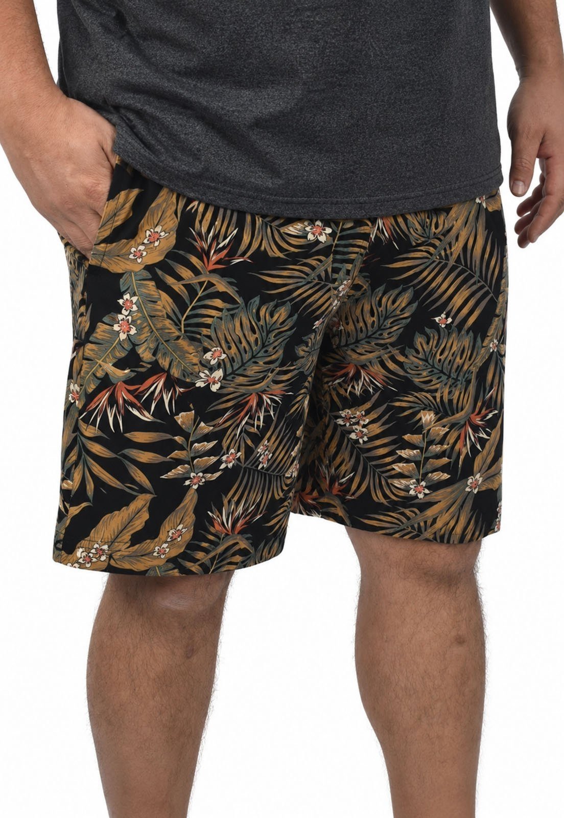 Shorts Masculina Plus Size Tactel Elastano Estampada Preto e Marrom