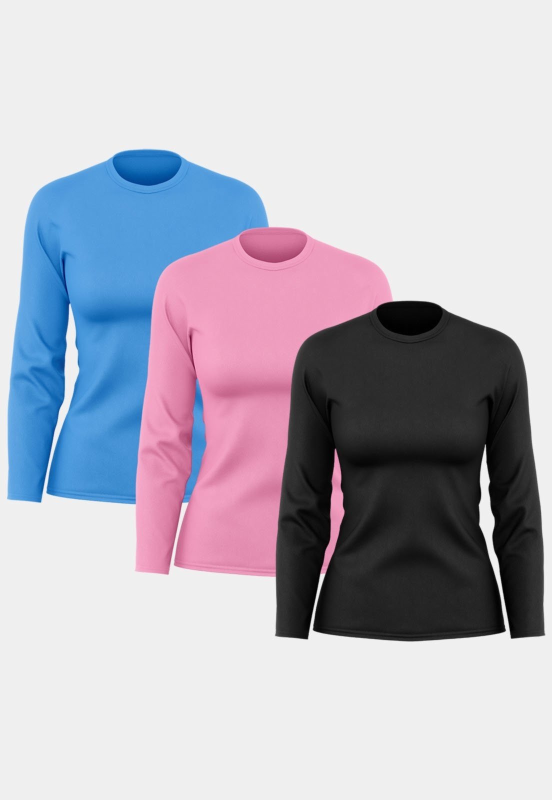 Kit 3 Camisetas Manga Longa Feminina Dry Básica Lisa Proteção Solar UV Térmica Blusa Academia Esporte Camisa Rosa/Azul