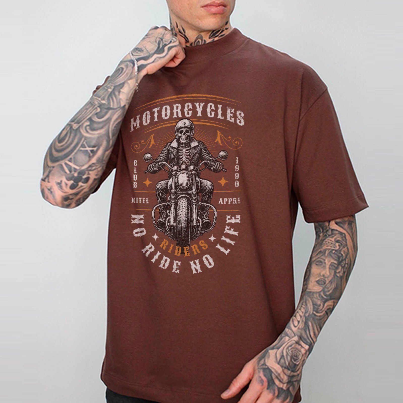 Camiseta Oversized Premium Biker Riders No Life Fashion Streetwear Unissex Marrom