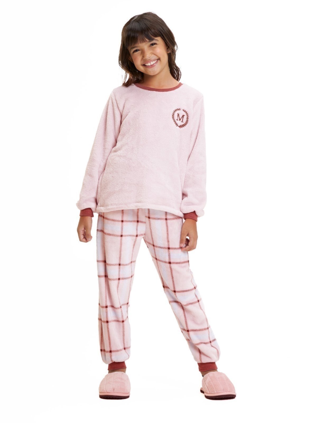 Pijama em Fleece Menina Magicamente Xadrez Listrado Rosa