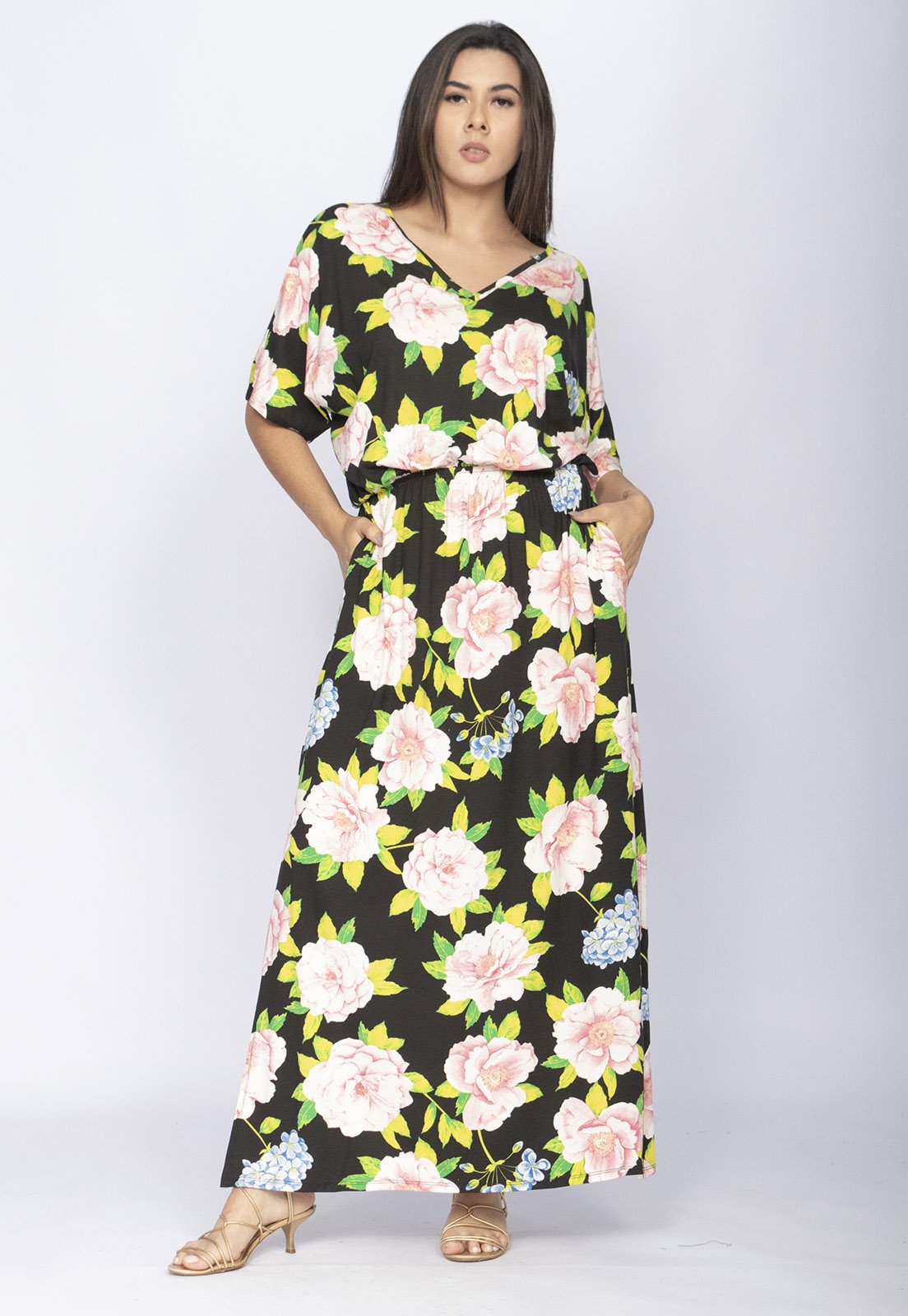 Vestido CabanaFree Longo Plus Malha Estampa Rosas da Meia-Noite