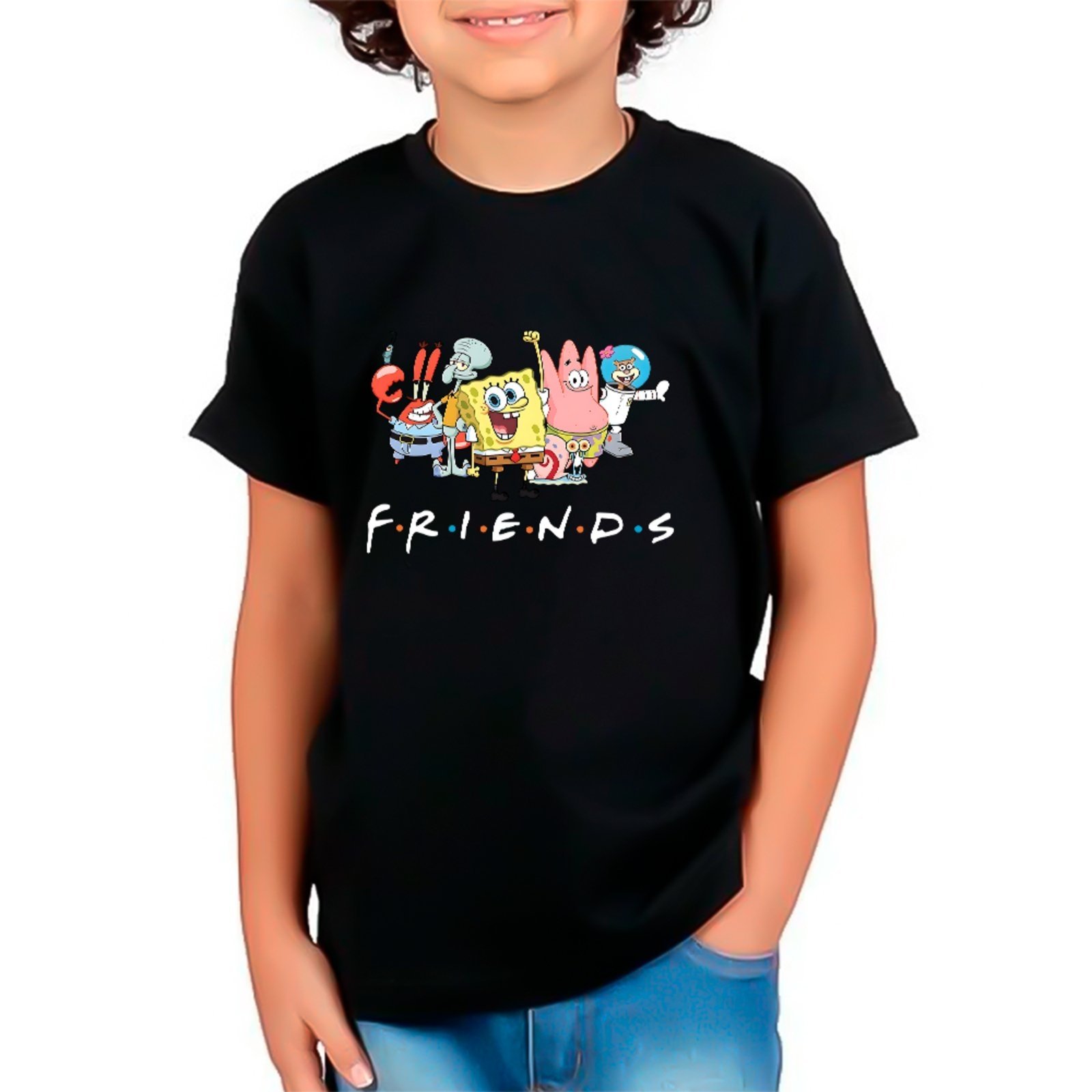 Infantil - Camiseta Bob Esponja e Amigos Estampa Colorida Unissex Preto