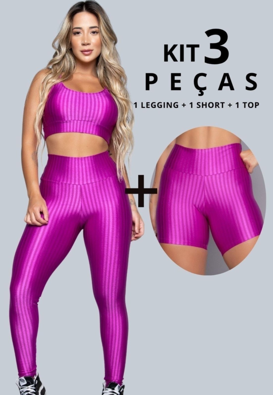 Combo WLS Modas Kit 3 Peças Fitness Feminino Conjunto Academia com Legging, Short e Top Bojo Removivel em New Zig Brilhoso Pink