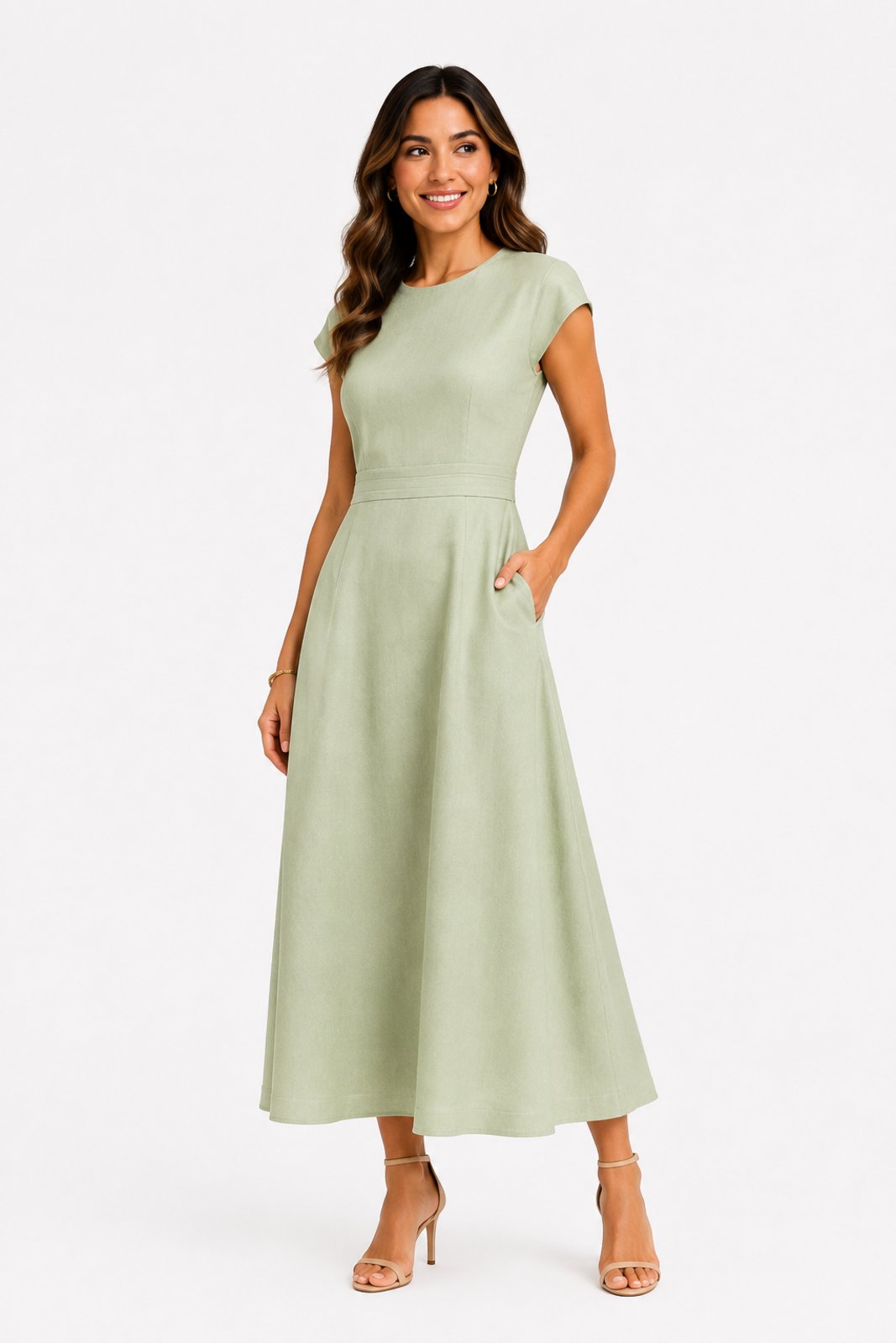 Vestido Midi D Bell Outlet Fashion Linho Bolsos Verde Claro