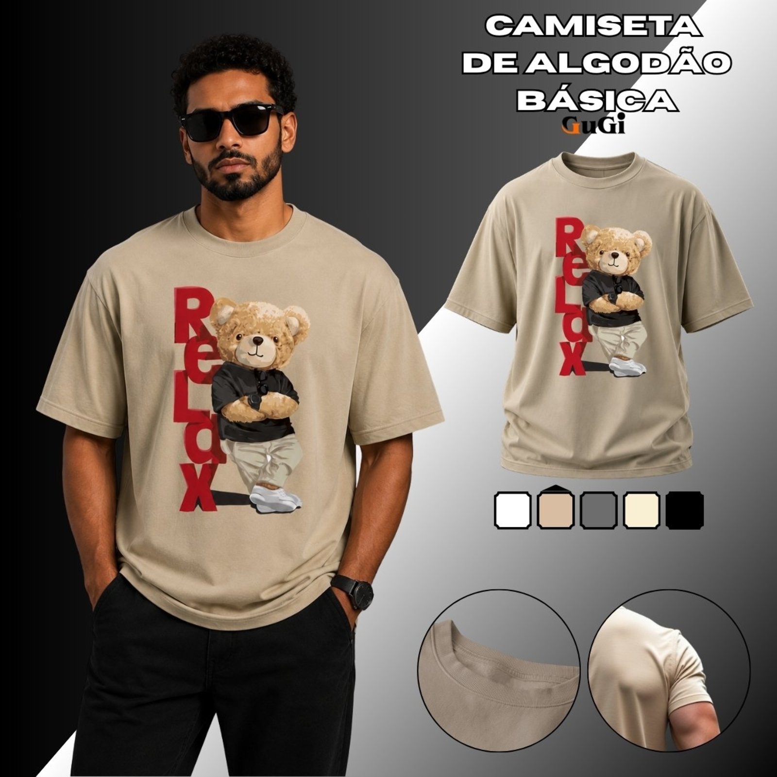 Camiseta Masculina Relax Urso Pelúcia 100% Algodão 30.1 Caqui
