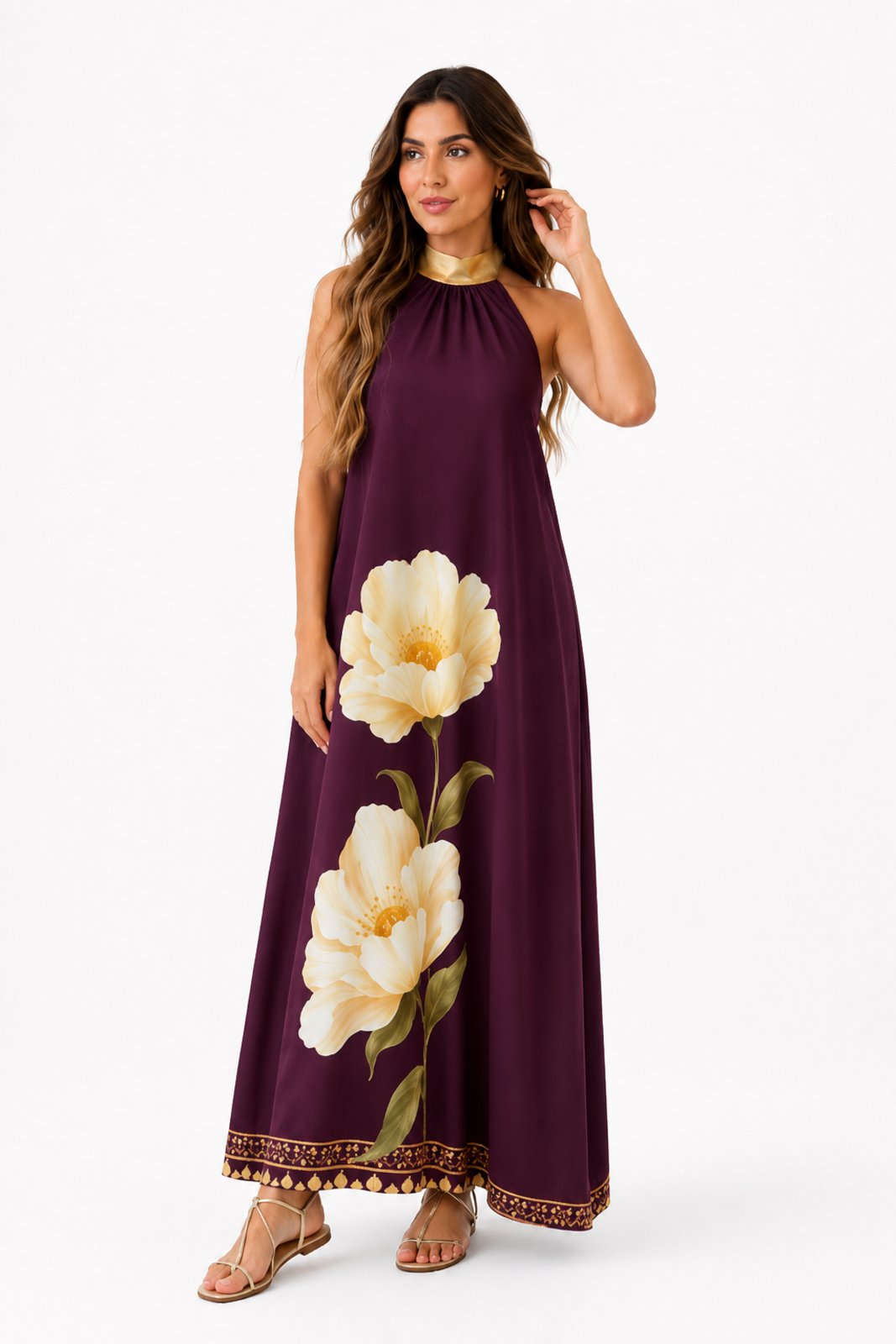 Vestido Frente Única Longo D Bell Outlet Fashion Estampa Floral Roxo