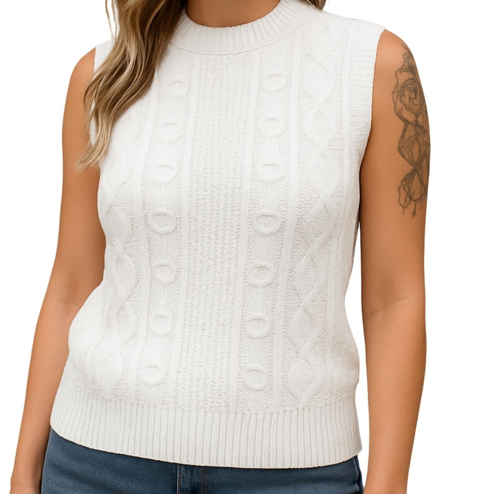 Blusa Tricô FMF Branco Sem Manga Básica Casual