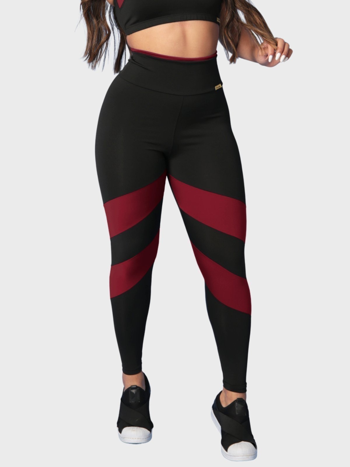 Calça Legging Fitness Tarelles Cintura Alta Preto e Bordô