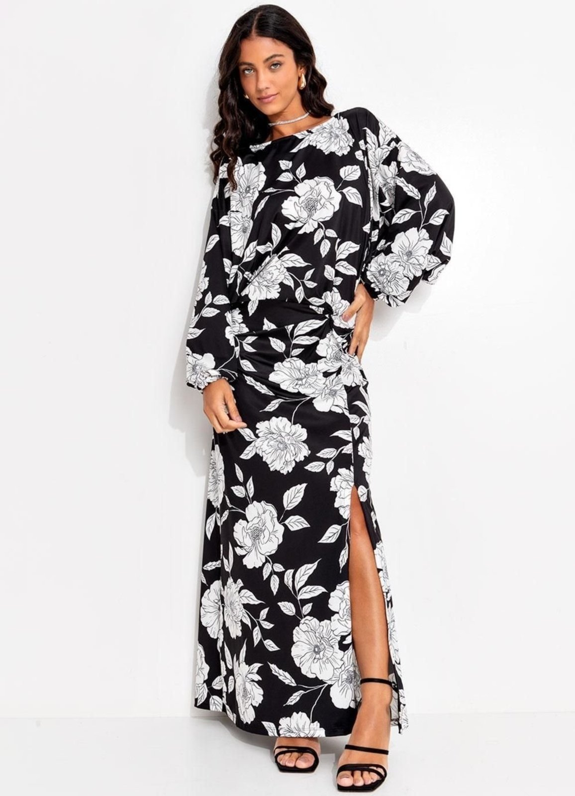 Vestido Malha Fria Floral Preto E Branco Quintess
