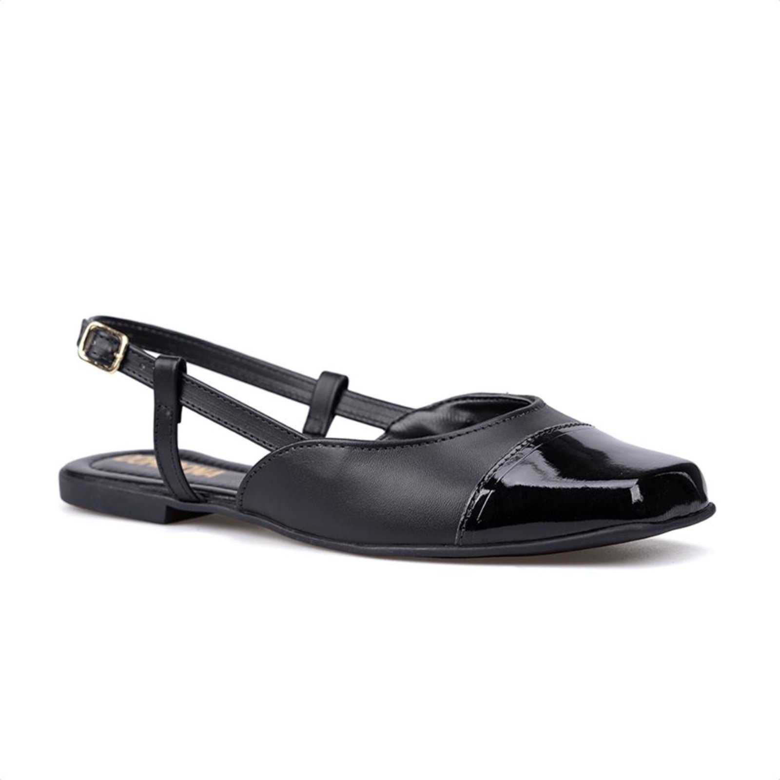Sapatilha Feminina Cap Toe Preta Slingback Bico Quadrado