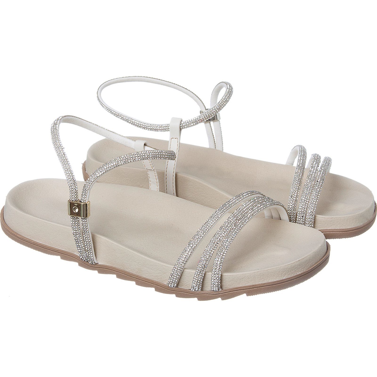 Sandália Feminina Papete De Strass Com Fecho Regulável Off white
