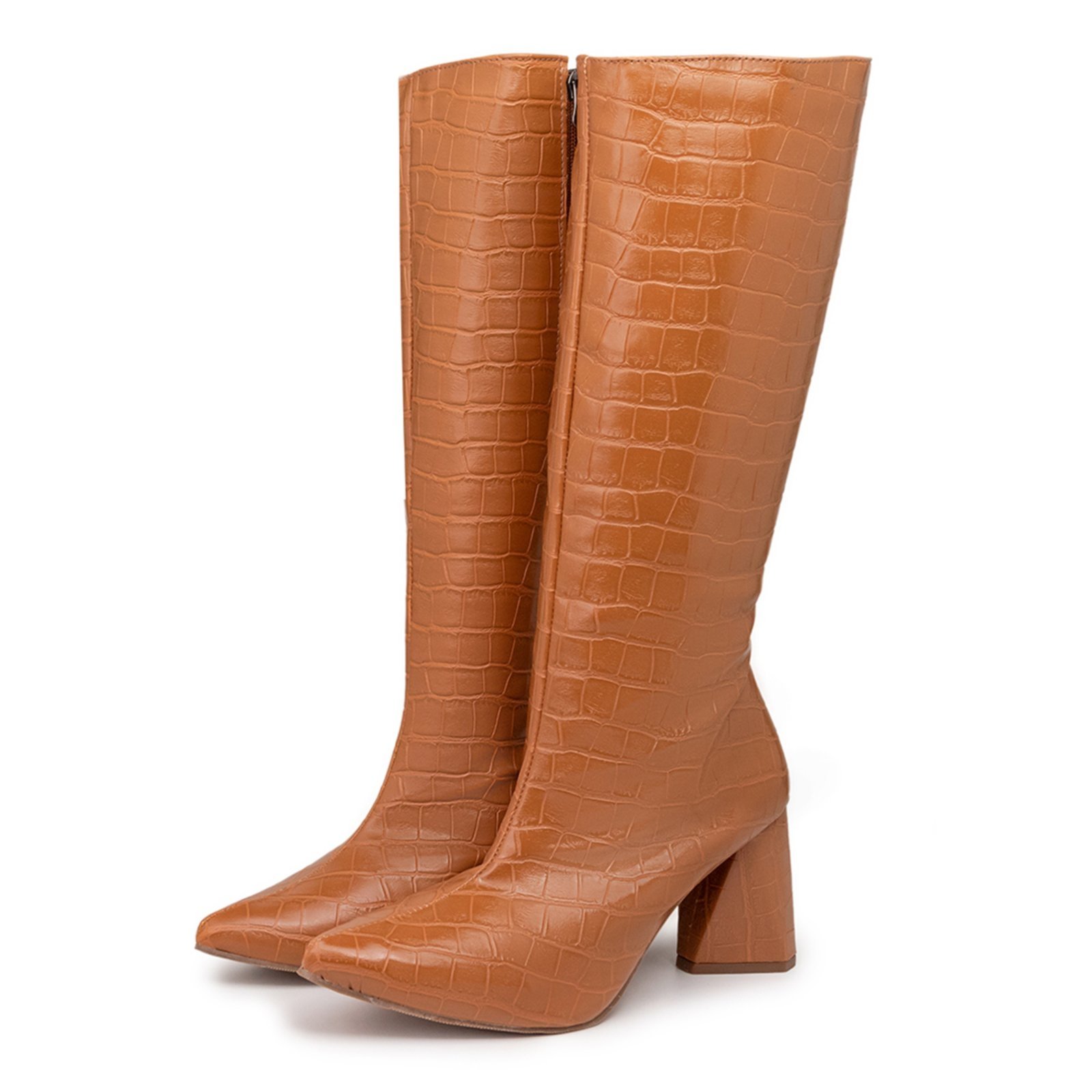 Bota Feminina Tendência Cano Longo Salto Triângulo 23020 Croco Whisky