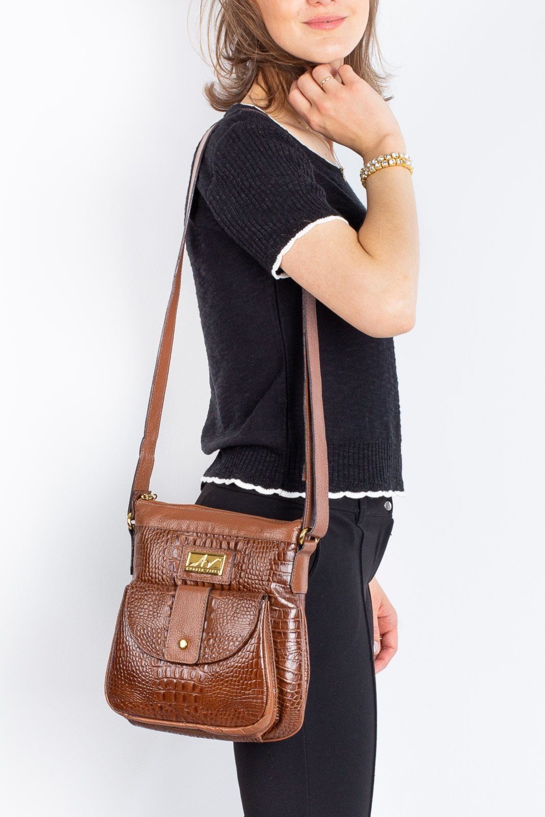 Vista 3 Bolsa tiracolo de couro croco Elis - Whisky Andrea Vinci bege Andrea Vinci bege