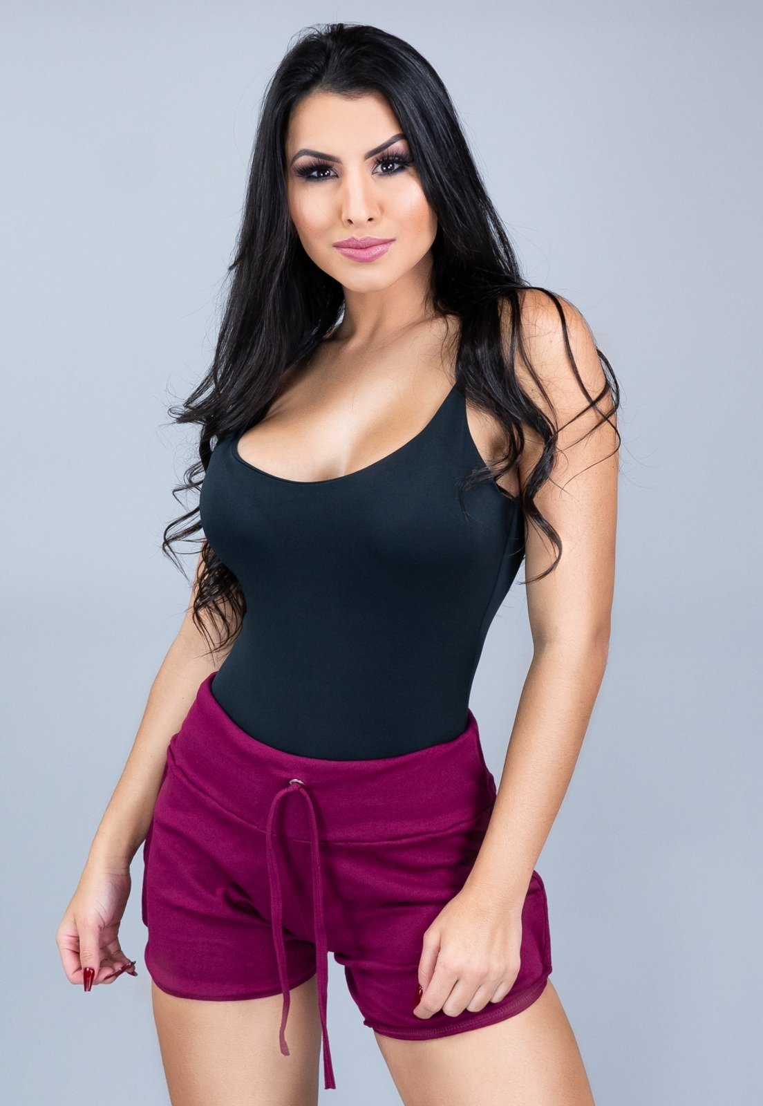 Short Curto MVB Modas Ribana Jogger Cintura Alta Vinho