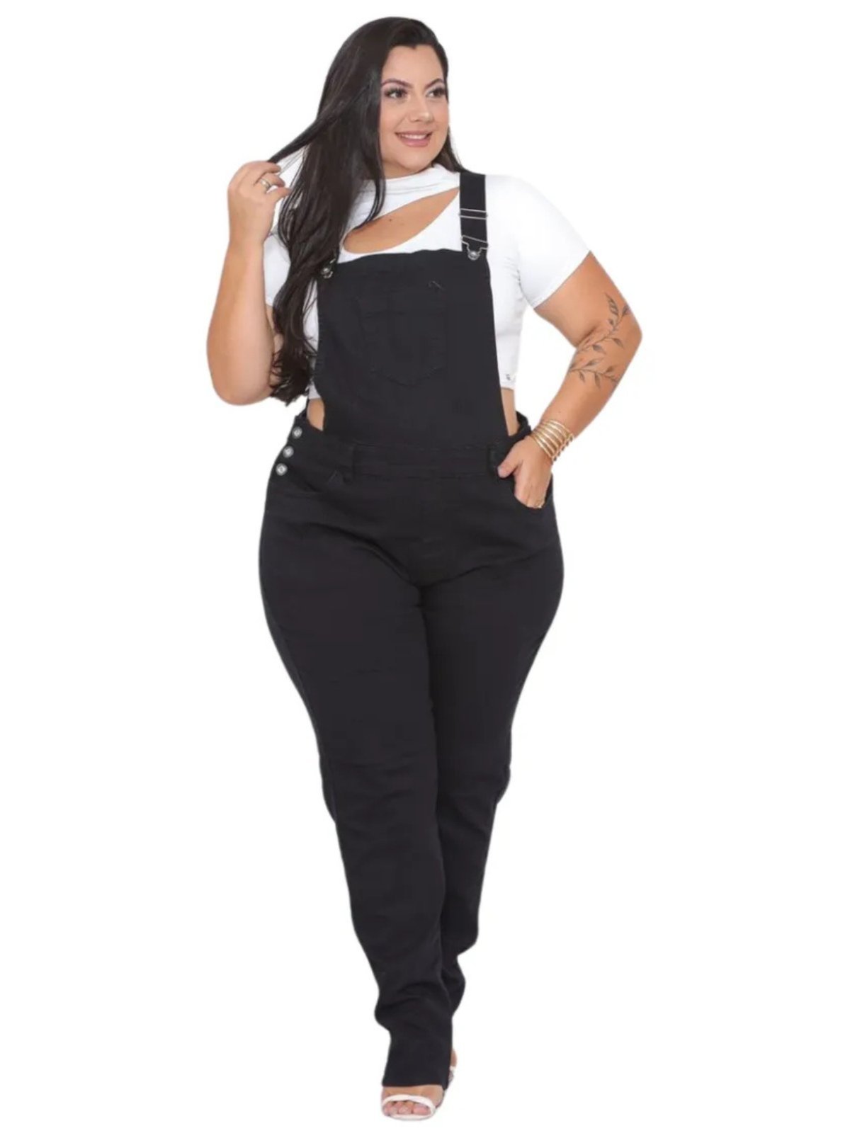 Vista 2 Macacão Jardineira Feminino Jeans Light Plus Size Sarja preto JEANS LIGHT preto