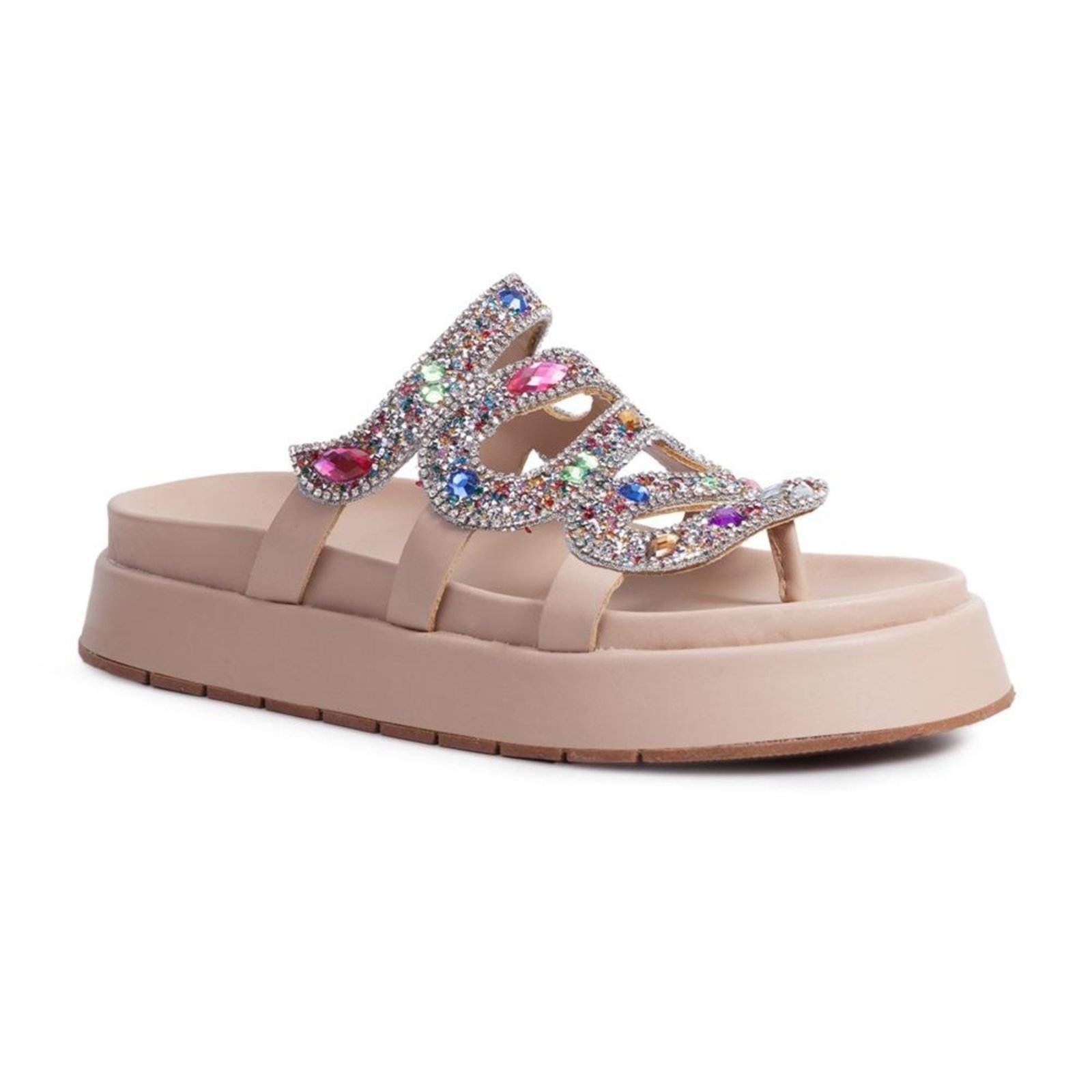 Sandália Feminina Papete Flatform Pedraria Strass Brilho Preto 34 Bege